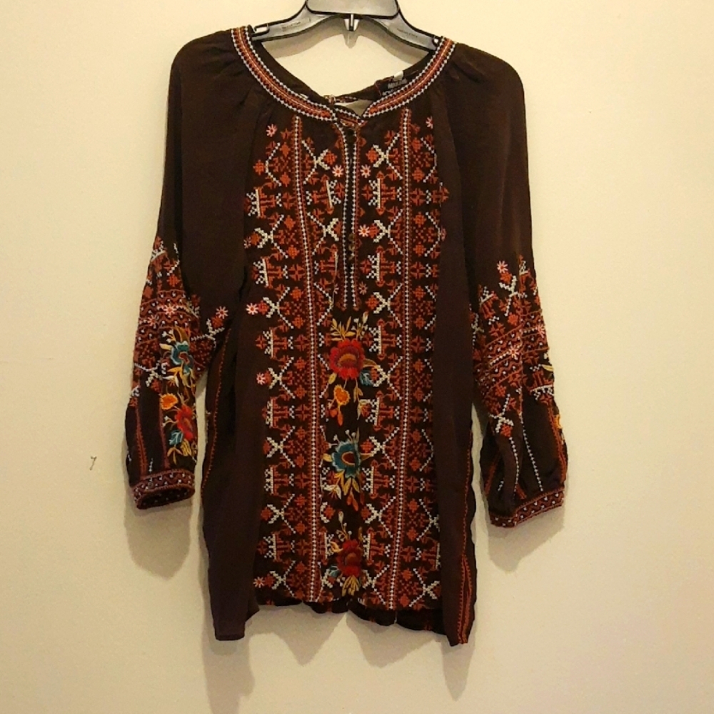 Johnny Was Silk Brown Embroidered Blouse Size S - Picture 1 of 7